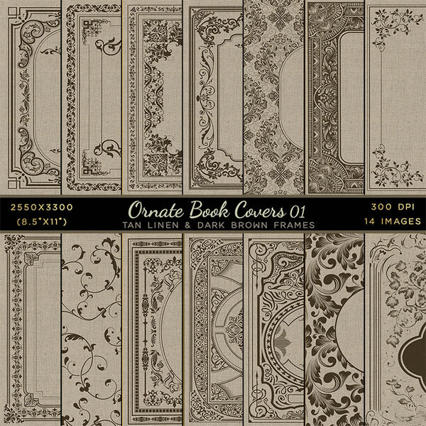 Ornate Book Covers with Spine Vol 1 Tan Linen & Dark Brown Frames - 28 High Resolution Images - Instant Download Digital Clip art