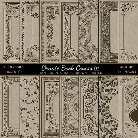 Ornate Book Covers with Spine Vol 1 Tan Linen & Dark Brown Frames - 28 High Resolution Images - Instant Download Digital Clip art