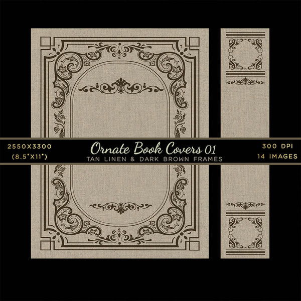 Ornate Book Covers with Spine Vol 1 Tan Linen & Dark Brown Frames - 28 High Resolution Images - Instant Download Digital Clip art