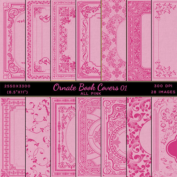Ornate Book Covers with Spine Vol 1 All Pink (Pink Linen & Pink Frames) - 28 High Resolution Images - Instant Download Digital Clip art