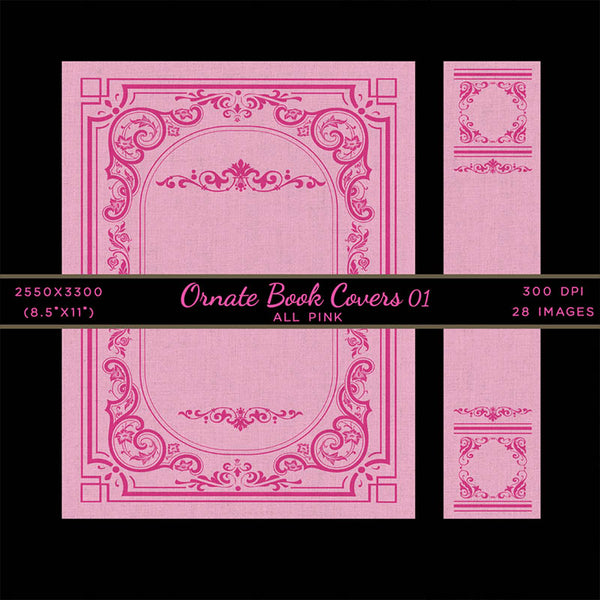 Ornate Book Covers with Spine Vol 1 All Pink (Pink Linen & Pink Frames) - 28 High Resolution Images - Instant Download Digital Clip art