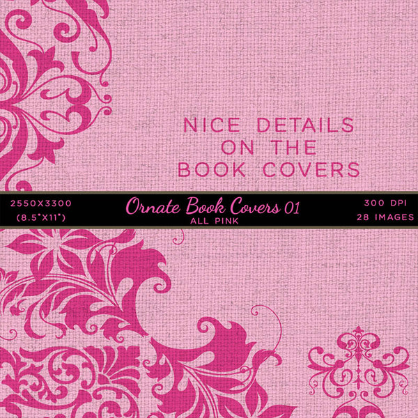 Ornate Book Covers with Spine Vol 1 All Pink (Pink Linen & Pink Frames) - 28 High Resolution Images - Instant Download Digital Clip art