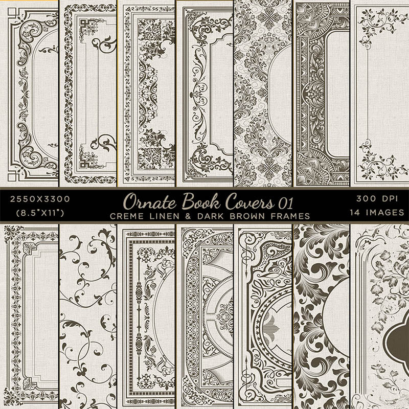 Ornate Book Covers with Spine Vol 1 Creme Linen & Dark Brown Frames - 28 High Resolution Images - Instant Download Digital Clip art