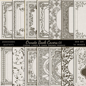 Ornate Book Covers with Spine Vol 1 Creme Linen & Dark Brown Frames - 28 High Resolution Images - Instant Download Digital Clip art