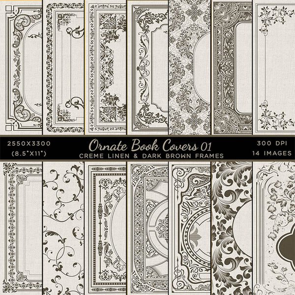 Ornate Book Covers with Spine Vol 1 Creme Linen & Dark Brown Frames - 28 High Resolution Images - Instant Download Digital Clip art