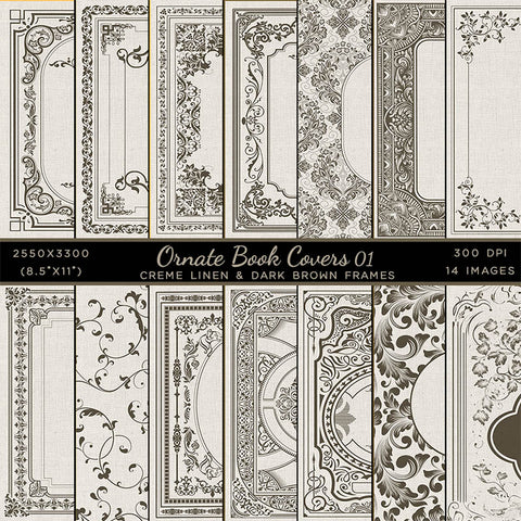 Ornate Book Covers with Spine Vol 1 Creme Linen & Dark Brown Frames - 28 High Resolution Images - Instant Download Digital Clip art