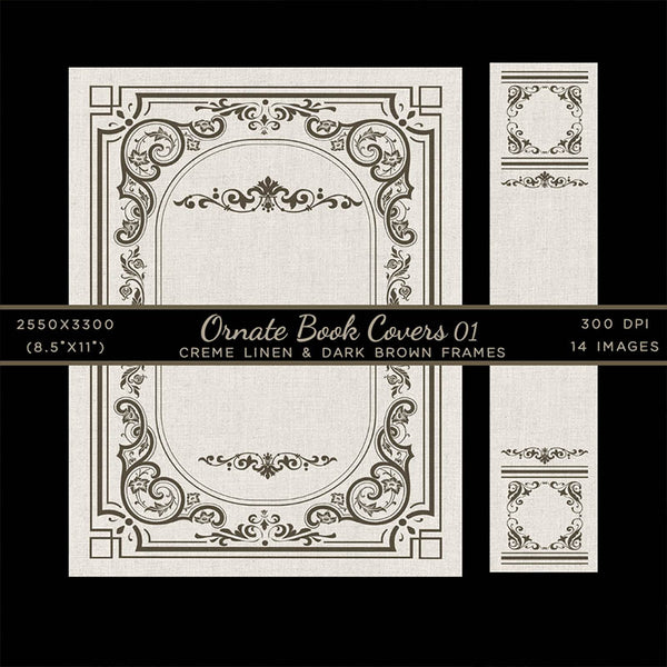 Ornate Book Covers with Spine Vol 1 Creme Linen & Dark Brown Frames - 28 High Resolution Images - Instant Download Digital Clip art