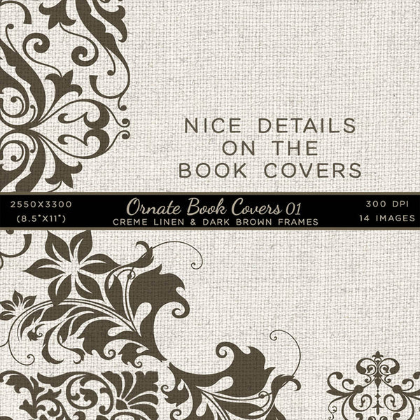 Ornate Book Covers with Spine Vol 1 Creme Linen & Dark Brown Frames - 28 High Resolution Images - Instant Download Digital Clip art