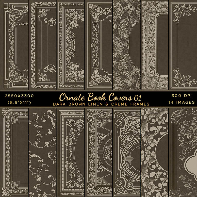 Ornate Book Covers with Spine Vol 1 Dark Brown Linen & Creme Frames - 28 High Resolution Images - Instant Download Digital Clip art