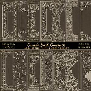 Ornate Book Covers with Spine Vol 1 Dark Brown Linen & Creme Frames - 28 High Resolution Images - Instant Download Digital Clip art