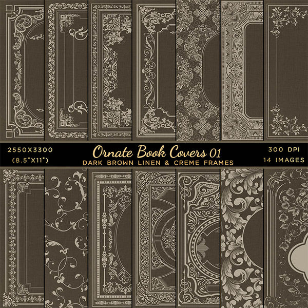 Ornate Book Covers with Spine Vol 1 Dark Brown Linen & Creme Frames - 28 High Resolution Images - Instant Download Digital Clip art
