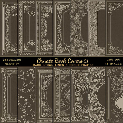 Ornate Book Covers with Spine Vol 1 Dark Brown Linen & Creme Frames - 28 High Resolution Images - Instant Download Digital Clip art