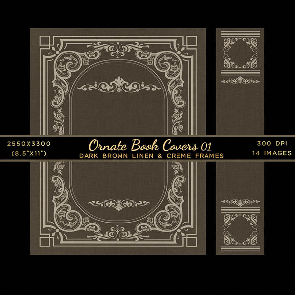 Ornate Book Covers with Spine Vol 1 Dark Brown Linen & Creme Frames - 28 High Resolution Images - Instant Download Digital Clip art