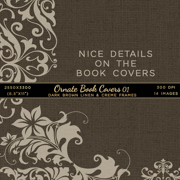 Ornate Book Covers with Spine Vol 1 Dark Brown Linen & Creme Frames - 28 High Resolution Images - Instant Download Digital Clip art