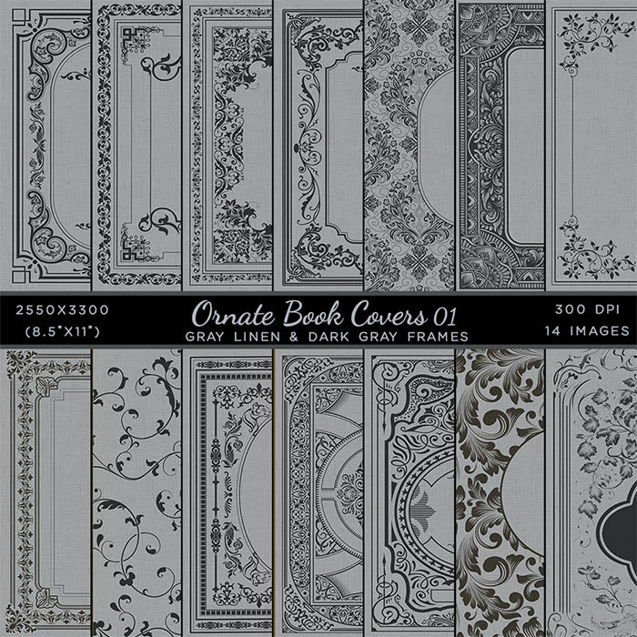 Ornate Book Covers with Spine Vol 1 Gray And Dark Gray Frames - 28 High Resolution Images - Instant Download Digital Clip art