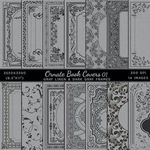 Ornate Book Covers with Spine Vol 1 Gray And Dark Gray Frames - 28 High Resolution Images - Instant Download Digital Clip art