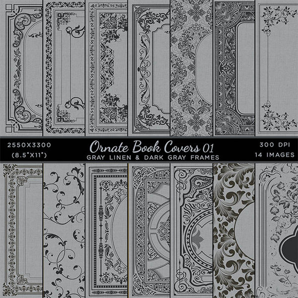 Ornate Book Covers with Spine Vol 1 Gray And Dark Gray Frames - 28 High Resolution Images - Instant Download Digital Clip art