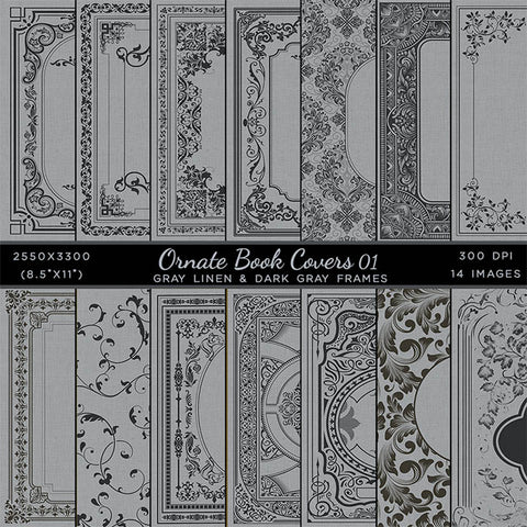 Ornate Book Covers with Spine Vol 1 Gray And Dark Gray Frames - 28 High Resolution Images - Instant Download Digital Clip art
