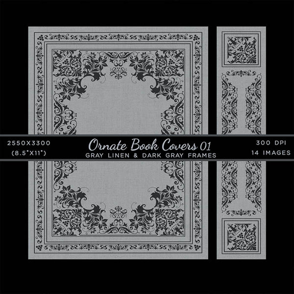 Ornate Book Covers with Spine Vol 1 Gray And Dark Gray Frames - 28 High Resolution Images - Instant Download Digital Clip art