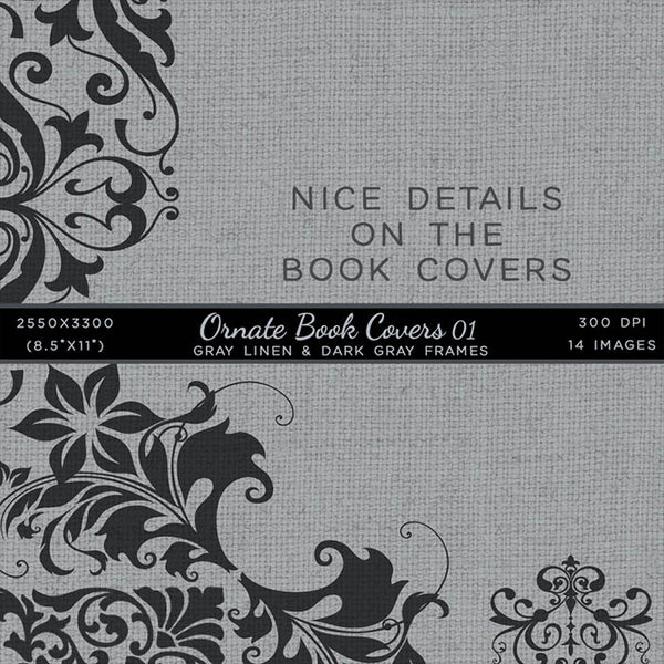 Ornate Book Covers with Spine Vol 1 Gray And Dark Gray Frames - 28 High Resolution Images - Instant Download Digital Clip art