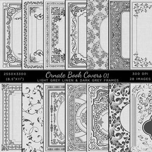 Ornate Book Covers with Spine Vol 1 Light Grey Linen & Dark Grey Frames - 28 High Resolution Images - Instant Download Digital Clip art