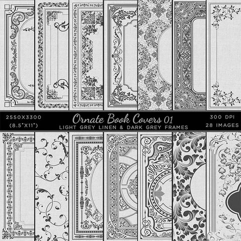 Ornate Book Covers with Spine Vol 1 Light Grey Linen & Dark Grey Frames - 28 High Resolution Images - Instant Download Digital Clip art