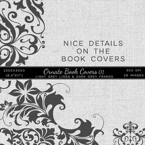 Ornate Book Covers with Spine Vol 1 Light Grey Linen & Dark Grey Frames - 28 High Resolution Images - Instant Download Digital Clip art