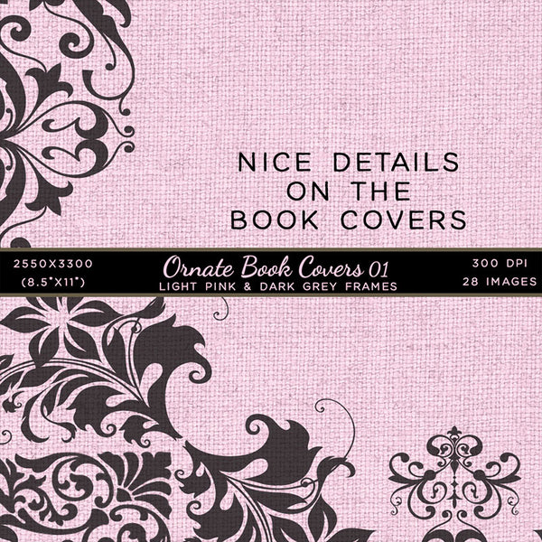 Ornate Book Covers with Spine Vol 1 Light Pink Linen & Dark Grey Frames - 28 High Resolution Images - Instant Download Digital Clip art