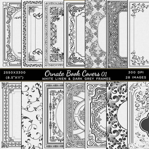 Ornate Book Covers with Spine Vol 1 White Linen & Dark Grey Frames - 28 High Resolution Images - Instant Download Digital Clip art