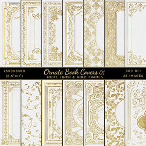 Ornate Book Covers with Spine Vol 1 White Linen & Gold Frames - 28 High Resolution Images - Instant Download Digital Clip art