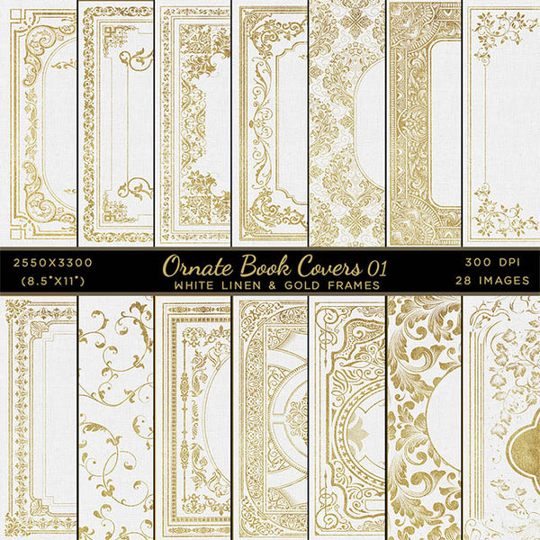 Ornate Book Covers with Spine Vol 1 White Linen & Gold Frames - 28 High Resolution Images - Instant Download Digital Clip art