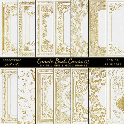 Ornate Book Covers with Spine Vol 1 White Linen & Gold Frames - 28 High Resolution Images - Instant Download Digital Clip art