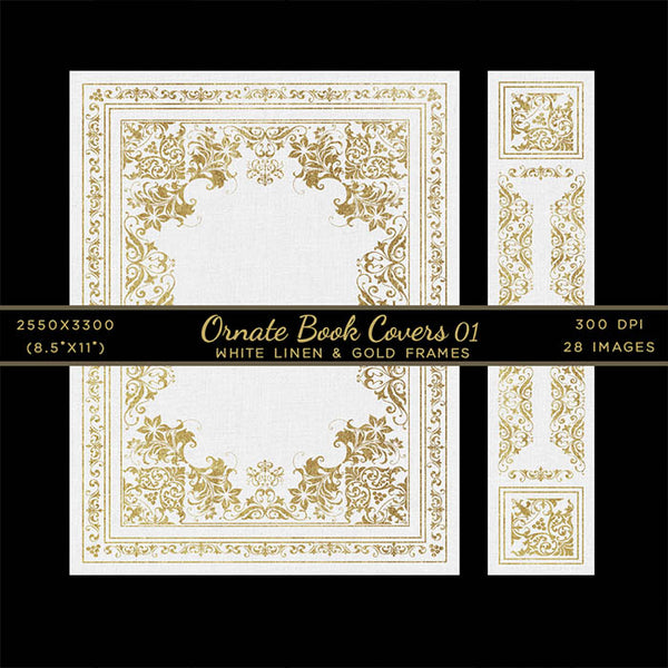 Ornate Book Covers with Spine Vol 1 White Linen & Gold Frames - 28 High Resolution Images - Instant Download Digital Clip art