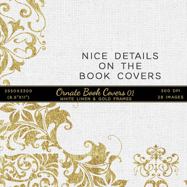Ornate Book Covers with Spine Vol 1 White Linen & Gold Frames - 28 High Resolution Images - Instant Download Digital Clip art