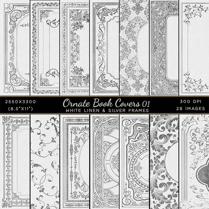 Ornate Book Covers with Spine Vol 1 White Linen & Silver Frames - 28 High Resolution Images - Instant Download Digital Clip art