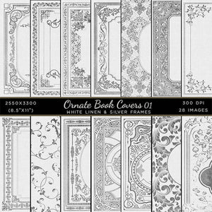 Ornate Book Covers with Spine Vol 1 White Linen & Silver Frames - 28 High Resolution Images - Instant Download Digital Clip art