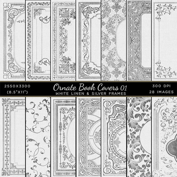 Ornate Book Covers with Spine Vol 1 White Linen & Silver Frames - 28 High Resolution Images - Instant Download Digital Clip art