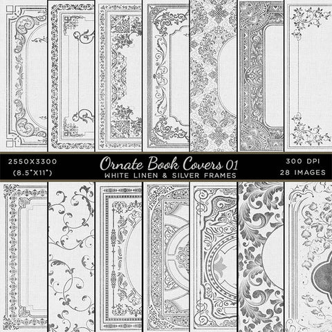 Ornate Book Covers with Spine Vol 1 White Linen & Silver Frames - 28 High Resolution Images - Instant Download Digital Clip art