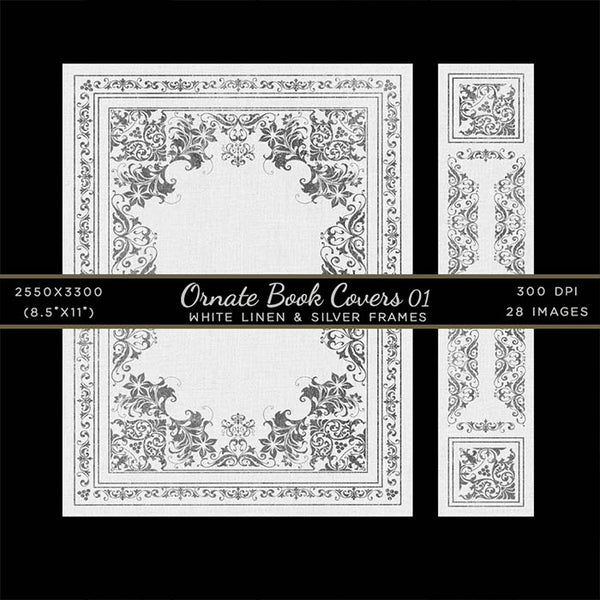 Ornate Book Covers with Spine Vol 1 White Linen & Silver Frames - 28 High Resolution Images - Instant Download Digital Clip art