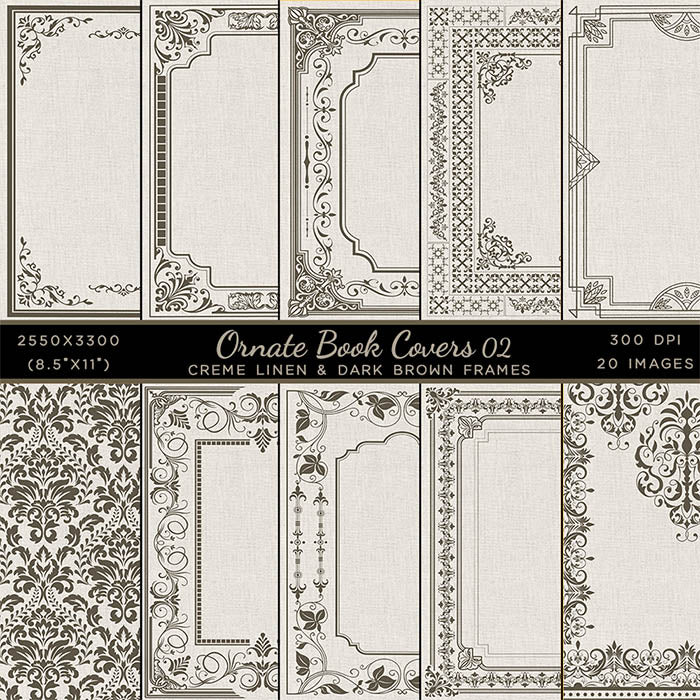 Ornate Book Covers with Spine Vol 2 Creme Linen & Dark Brown Frames - 20 High Resolution Images - Instant Download Digital Clip art