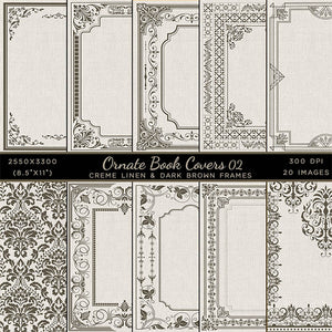 Ornate Book Covers with Spine Vol 2 Creme Linen & Dark Brown Frames - 20 High Resolution Images - Instant Download Digital Clip art