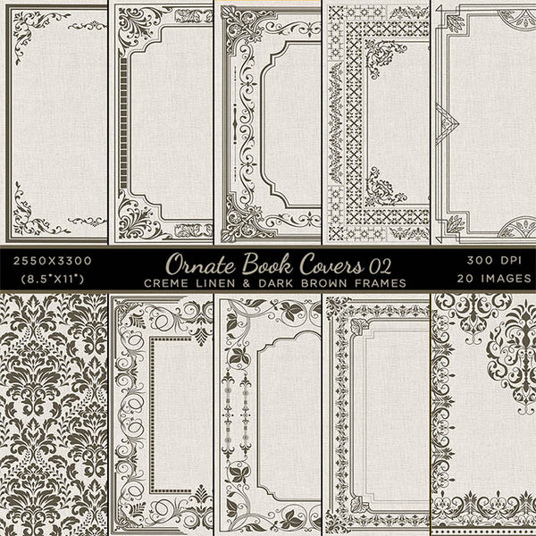 Ornate Book Covers with Spine Vol 2 Creme Linen & Dark Brown Frames - 20 High Resolution Images - Instant Download Digital Clip art