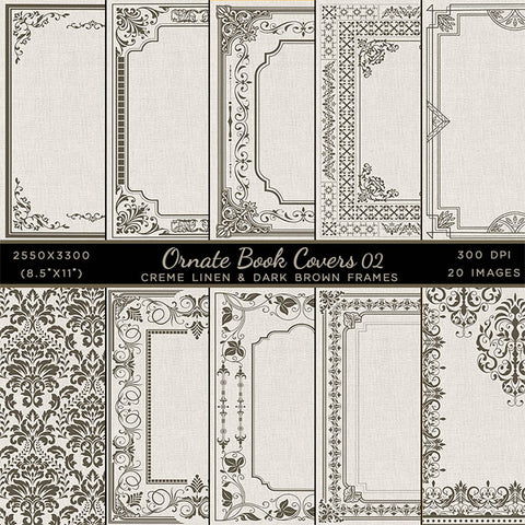 Ornate Book Covers with Spine Vol 2 Creme Linen & Dark Brown Frames - 20 High Resolution Images - Instant Download Digital Clip art