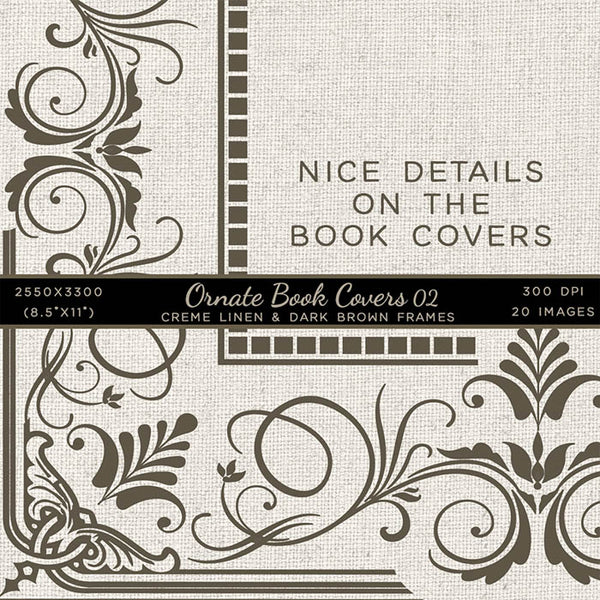 Ornate Book Covers with Spine Vol 2 Creme Linen & Dark Brown Frames - 20 High Resolution Images - Instant Download Digital Clip art