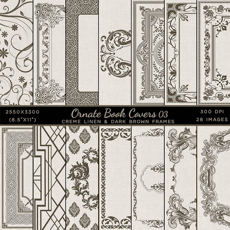 Ornate Book Covers with Spine Vol 3 Creme Linen & Dark Brown Frames - 28 High Resolution Images - Instant Download Digital Clip art