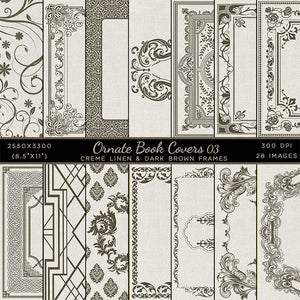 Ornate Book Covers with Spine Vol 3 Creme Linen & Dark Brown Frames - 28 High Resolution Images - Instant Download Digital Clip art