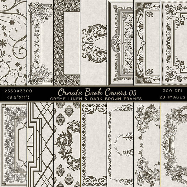 Ornate Book Covers with Spine Vol 3 Creme Linen & Dark Brown Frames - 28 High Resolution Images - Instant Download Digital Clip art