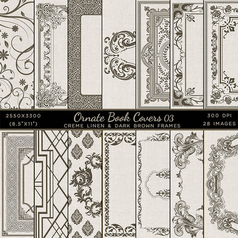 Ornate Book Covers with Spine Vol 3 Creme Linen & Dark Brown Frames - 28 High Resolution Images - Instant Download Digital Clip art