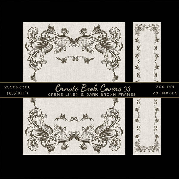 Ornate Book Covers with Spine Vol 3 Creme Linen & Dark Brown Frames - 28 High Resolution Images - Instant Download Digital Clip art