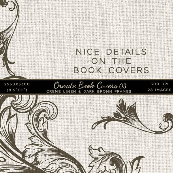 Ornate Book Covers with Spine Vol 3 Creme Linen & Dark Brown Frames - 28 High Resolution Images - Instant Download Digital Clip art